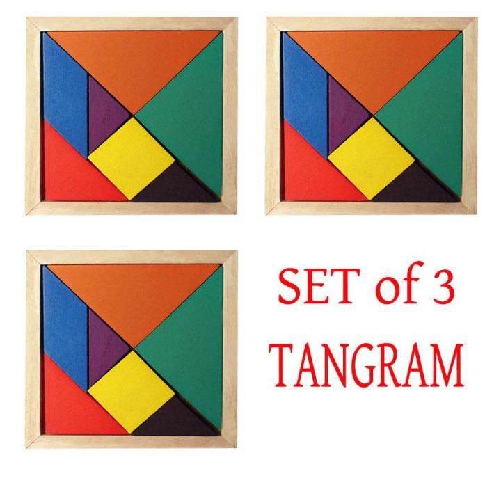 Set of 3 Tangram 7 Piece Puzzle Colorful Square IQ Game Brain Teaser ...