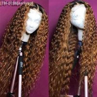 Jerry Curl Synthetic Wig Kinky Curly 13X4X1 T Part Lace Wigs Dark Root Ombre Brown Honey Blonde Synthetic Wigs Pre Plucked [ Hot sell ] ea1voy