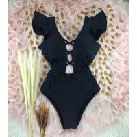 2023 New Ruffle One Piece Swimsuit Solid Red Black Swimwear Women Deep-V Bathing Suit Bodysuit Beach Wear Swim Suit Monokini