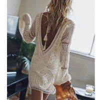 ㍿ AYUALIN sexy backless beach swim coverup summer dresses white lace dress women tunic robe vintage V-neck boho vestidos boho