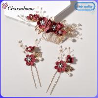 CHARMHOME หวีผมสีเหลือง/ไวน์แดงหวีคริสตัลมงกุฎคลิปสำหรับเจ้าสาวดอกไม้เครื่องประดับผมปิ่นปักผมมงกุฎใบไม้ทองโรแมนติกงานแต่งงาน