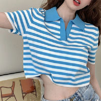 Polo Cropped T-Shirt For Women Summer Striped Short Sleeves Tops Lapel Pullover Slim Fit Blouse【fast】