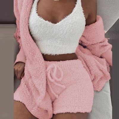 2PCS/3PCS Pajama Set Sexy Fluffy Suits Winter Velvet Plush Robe Set Soft Sleeveless Sweater Loungewear Pijamas Mujer Sleepwear