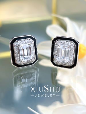 Fashion Versatile Personality Emerald Cut 925 Silver Ear Studs Inlaid With High Carbon Diamond Versatile New Cool StyleTH