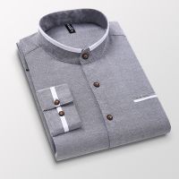 Mens clothing Long Sleeve Regular-fit Button-down Thick Shirts Casual Solid Oxford Dress White Shirt Single Patch Pocket Stand