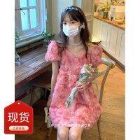 ❦⊙ be after dinner bubble sleeve V-neck dress summer pink three-dimensional rose petal temperament sweet