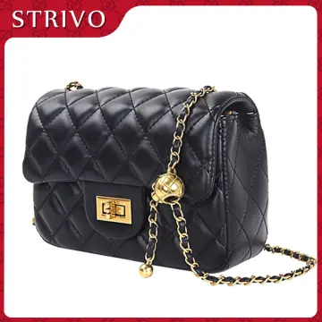 Black Checked Sling Bag With Golden Chain