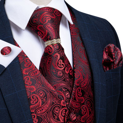 ผู้ชายคลาสสิกงานแต่งงานผ้าไหมเสื้อกั๊ก Paisley Jacquard เสื้อกั๊กสีแดงกระเป๋าสแควร์ Tie แหวน Cufflinks ชุด DiBanGu