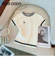 PEAR DODO เสื้อยืดสั้นแขนเสื้อสั้นถักสไตล์สถาบันการศึกษาเกาหลีสำหรับผู้หญิง