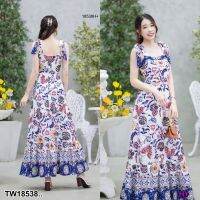 ส่งไว 1-2วันถึง Maxi dress ผูกไหล่ลายดอกผ้าเชิง แบบผูกเอง (สายปรับระดับได้)มีซิปซ่อนด้านหลัง