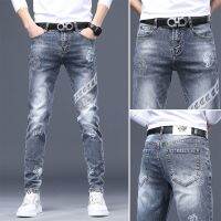 【YD】 spring autumn Hot drill jeans men luxury print denim Motorcycle korean fashion slim Hip-hop trousers