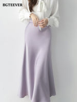 BGTEEVER Elegant High Waist Satin Mermaid Skirts Women Summer Casual A-Line Mid-Calf Skirts Female