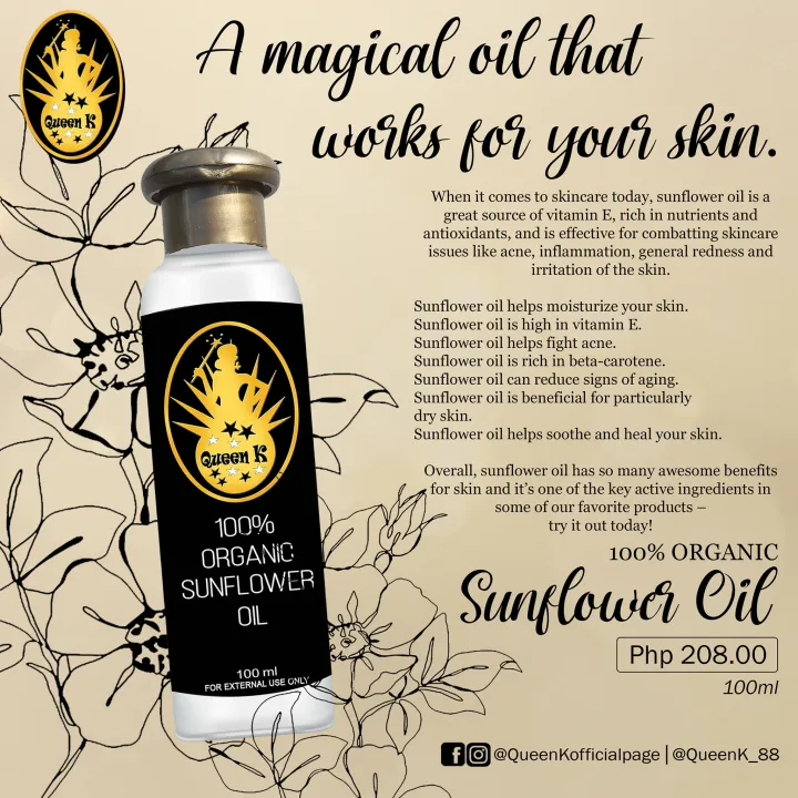 Queen K 100 Organic Sunflower Oil 100ml, Fights Acne, Prevents Sun