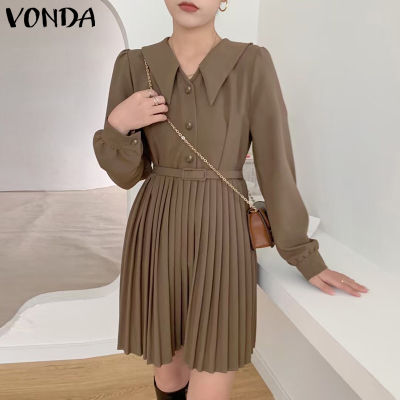 VONDA Womens Formal Retro Shirt Dress Long Sleeve Solid Tunic Dress Loose Short Dress (Korean Causal)