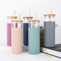 500ml Glass Water Bottle with Wood Straw Silicone Insulated Sleeve Milk Juice Glass Drink Bottle with Leakproof Bamboo Lid