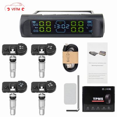 ♨▪♣ Universal TPMS Wireless Tire Pressure Monitoring System Solar Power Clock LCD Display 4 External Sensor Tire Pressure Sensors