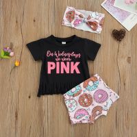 [COD] Childrens summer baby split suit female letter short-sleeved T-shirt donut headband three-piece set