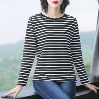 Autumn Sports Chic Folk New Vintage Basic Chic T-shirt Women Stripe Round Collar Young Style Trendy Long Sleeve Loose Casual Top Sleeves