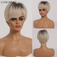 LOUIS FERRE Short Ombre Black Ash Light Blonde White Synthetic Wigs With Bangs For Black Woman Afro Cosplay Wig High-Temperature