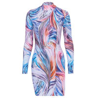 Spring Dresses Basic Slim Female Long Sleeve Fashion Tie Dye Printed Bodycon Womens Mini Dress Party Sexy Skinny Clubwear