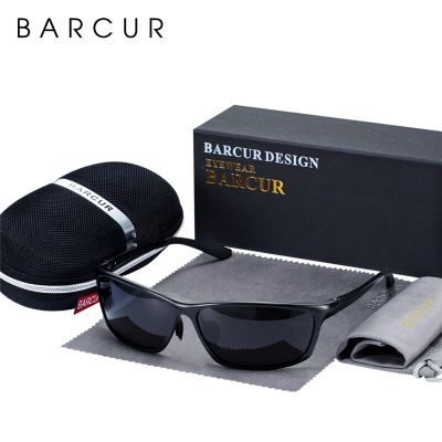 BARCUR แว่นตากันแดดโพลาไรซ์อลูมิเนียมสำหรับผู้ชายแว่นตาอุปกรณ์เสริมแว่นตากระจกสีฟ้าแว่นตากันแดดหรูหรา