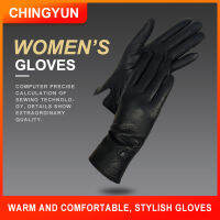 CHINGYUN ใหม่ถุงมือสตรีหนังแท้ BuckskinWinter ผู้หญิงสักหลาดซับหญิงสีดำเกี่ยวกับปุ่มแฟชั่นถุงมือ