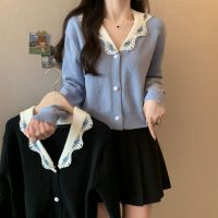 เสื้อคาร์ดิแกนไหมพรมแต่งปกลูกไม้ สไตล์ฝรั่งเศส Cardigan with a lace collar 56133