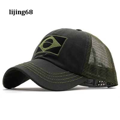 Lijing กลางแจ้งระบายอากาศตาข่ายหมวกเบสบอลผู้ชายสบายๆปักบราซิลธงหมวกยุทธวิธีพ่อหมวกกีฬาล่าสัตว์หมวก
