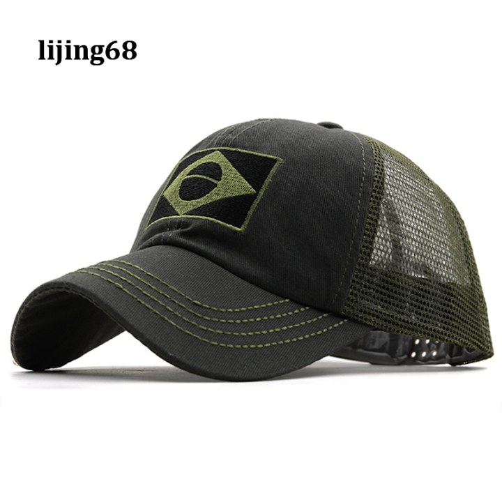 lijing-กลางแจ้งระบายอากาศตาข่ายหมวกเบสบอลผู้ชายสบายๆปักบราซิลธงหมวกยุทธวิธีพ่อหมวกกีฬาล่าสัตว์หมวก