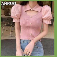 Anruo เสื้อสเวตเตอร์แขนสั้นผ้าชีฟอง,เสื้อสเวตเตอร์แขนสั้นสำหรับฤดูร้อนให้ความรู้สึกดีไซน์ใหม่