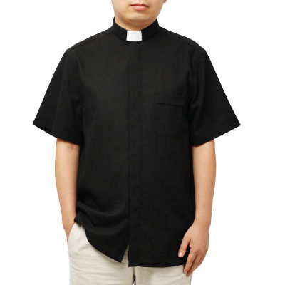 เสื้อเชิ้ตผู้ชาย Creacher Priest Tops With Tab Collar Long Sleeve For Clergy Black