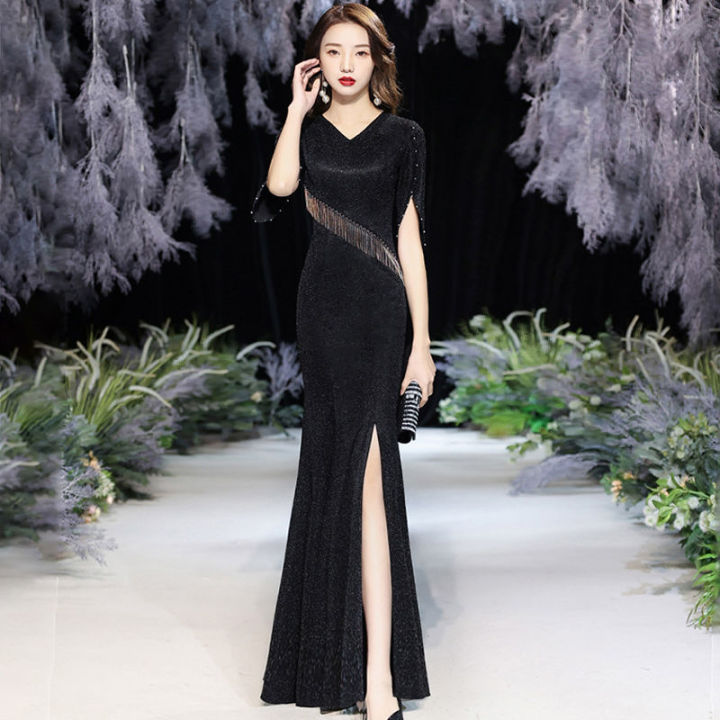 Black Evening Dress Women's Light Luxury Niche High-End Long Socialite ...