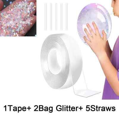 ☍☾▪ Nano Tape Bubbles Tape Kit Craft DIY Double Sided Tape Fun Toys Ballon Adhesive Tape with Bubble Balloons With 5pcs Straw