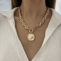 Flashbuy Punk Gold Color Necklace Women Men Heavy Metal Twisted Thick Chain Vintage Portrait Coin Pendant Collares Jewelry