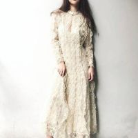 P013-003 PIMNADACLOSET - Long sleeve V Neck Button Organza Embroidery Maxi Dress