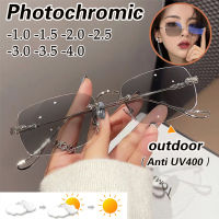 [-4.0ถึง0] ,[Photochromic] สายตาสั้นแว่นตาผู้หญิงป้องกันแสงสีฟ้าสายตาสั้นแว่นตา Frameless คอมพิวเตอร์แว่นตา