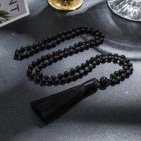 【cw】 6mm Onyx Beaded Necklace Prayer Japamala Rosary with Tassel Jewelry 【hot】