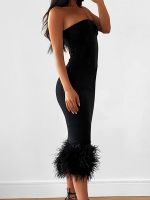 ZZOOI ZAFUL Feather Hem Bandeau Midi Corset Dress Women Strapless Long Slinky Tube Dresses Prom Party Cocktail Gown Robe