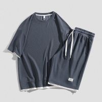 【July hot】 new waffle short-sleeved suit mens summer plus size sports casual five-point clothes