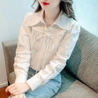 เสื้อเชิ้ตสีขาวคอปกโบว์สำหรับผู้หญิง 2023 เสื้อเชิ้ตแขนยาวดูดีสไตล์เกาหลีรุ่นใหม่ฤดูใบไม้ร่วงสำหรับผู้หญิง