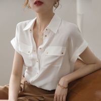 COD dhdfxcz French Style Elegant Solid Color Blouses Lapel Shirts Formal Blouses Pure Color Short Sleeves Formal Shirts With Pockets And Buttons Office Wear Office Tops Business Shirts Blouses