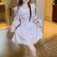 Spot parcel post「 High-End Bureau 」 Cute Collar Girl Pink Satin Pink Dress Young Autumn Waist-Tight Dress 2023 Short Skirt