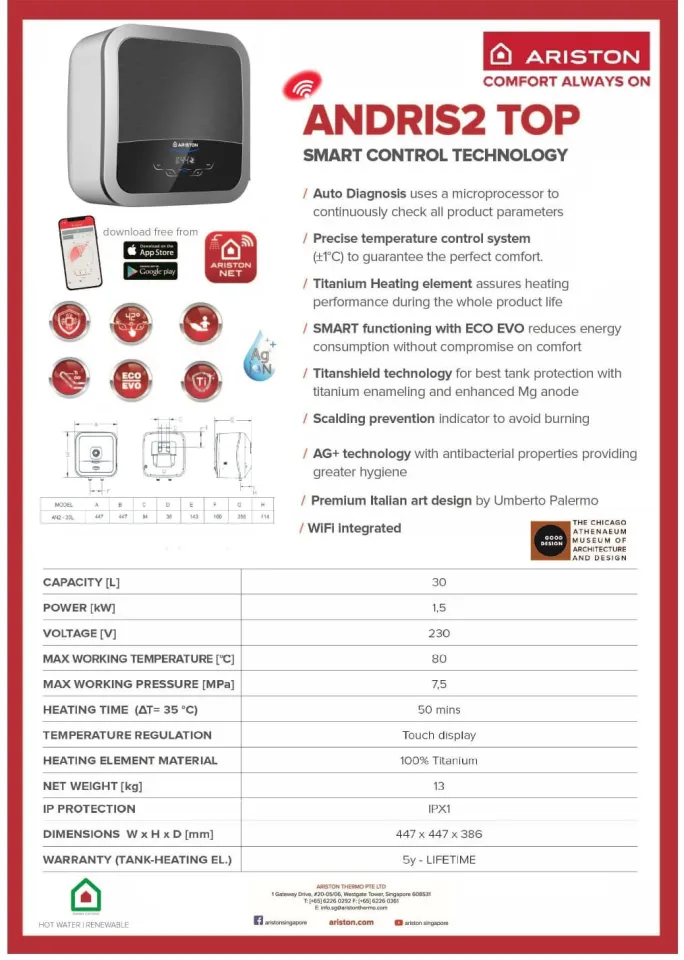 Ariston heater ANDRIS2 TOP ELECTRIC STORAGE WATER HEATER | AN2 Top | WiFI  Integrated | Free Delivery | Local Warranty |Ariston water heater| | Lazada  Singapore
