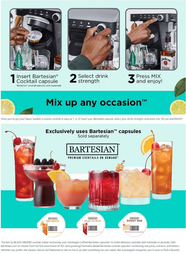 bev by BLACK+DECKER Cocktail Maker Machine and Drink Maker for Bartesian  capsules (BEHB101)