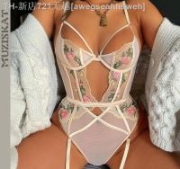 【CW】❡✣  Hot See Through Mesh Cut Bodysuit Floral Embroidery Hollow Out Underwire Puberty