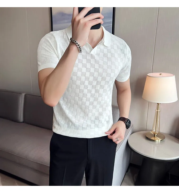 Men Transparent Mesh Knitted Polo Shirt 2022 Summer Short Sleeve V-Neck  Hollow Tee Tops Male Casual Plaid Elastic Polo Shirts - AliExpress