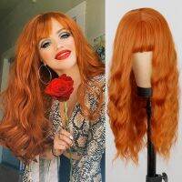 Long Orange Wig With Bangs Wavy Curls Ginger Bangs Synthetic Womens Orange Long Wig Natural Appearance Suitable For Daily