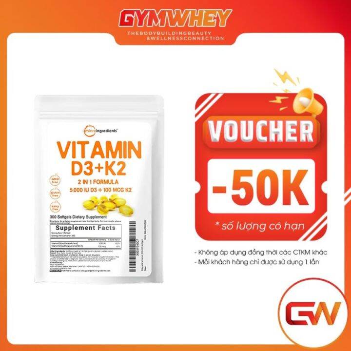 [VOUCHER 50K] MicroIngredients Vitamin D3 K2 300 Viên Gel Giúp Chắc