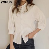 VONDA เสื้อสีทึบคอปกติดกระดุมคอปกแบบเรียบง่ายสำหรับผู้หญิงเสื้อเบลาส์เสื้อเบลาส์แขนกลางสำหรับเดินทาง (ลำลองเกาหลี)