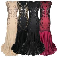 S-XL 1920s Women Vintage Great Gatsby Dress 20s Flapper Party Formal Dress Sexy O-Neck Sleeveless Beaded Sequin Mesh Long Dress